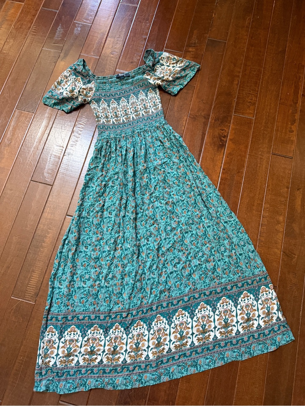 Teal Floral Maxi Dress with Puff Sleeves